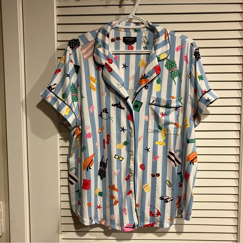 Kate Spade Cabana Striped Beach Teamed Pajama Top Short Sleeve